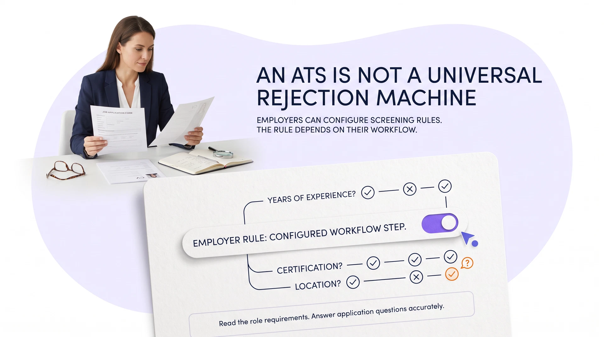 Editorial illustration of a job seeker reviewing an application with a configured screening-question motif; employer-defined rules do not prove a universal ATS rejection rate.