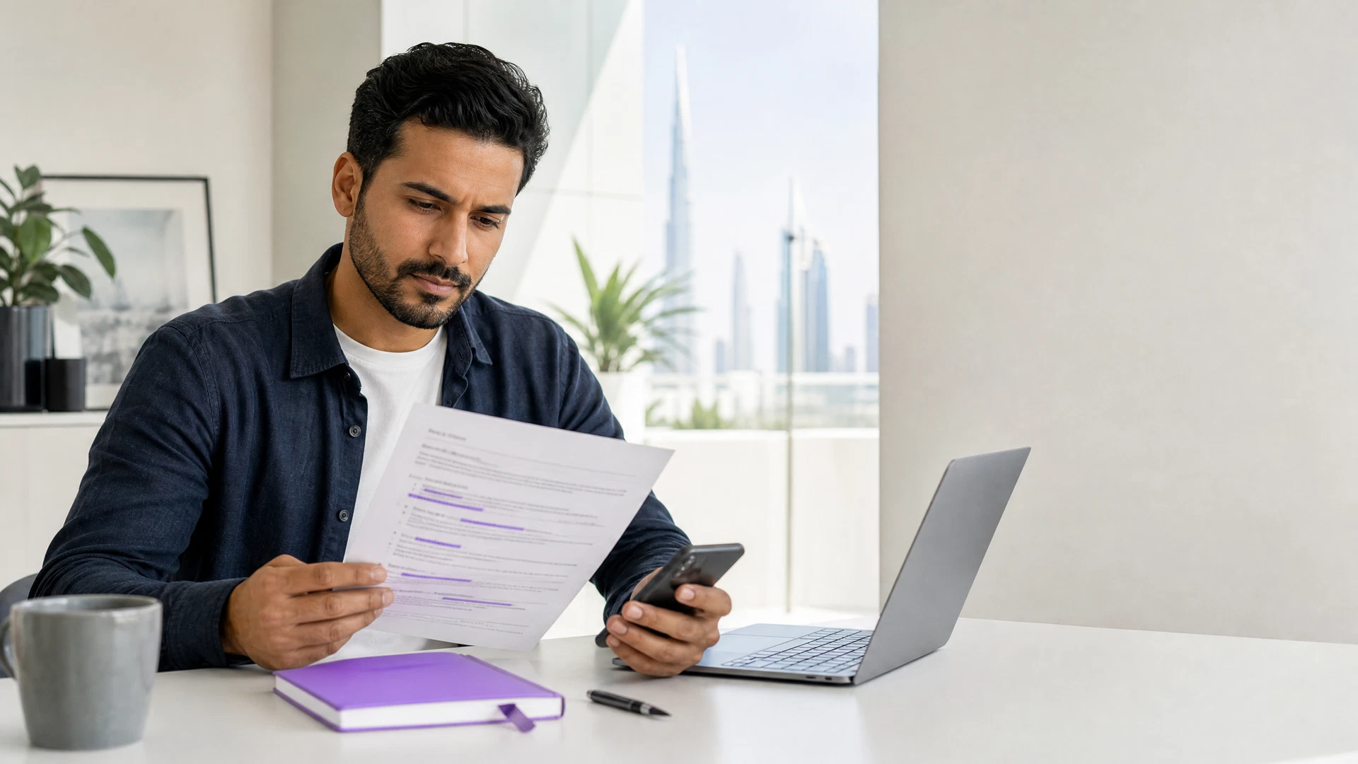 A UAE job seeker pauses to review a tailored CV and a phone before deciding whether a quick application is ready to submit.