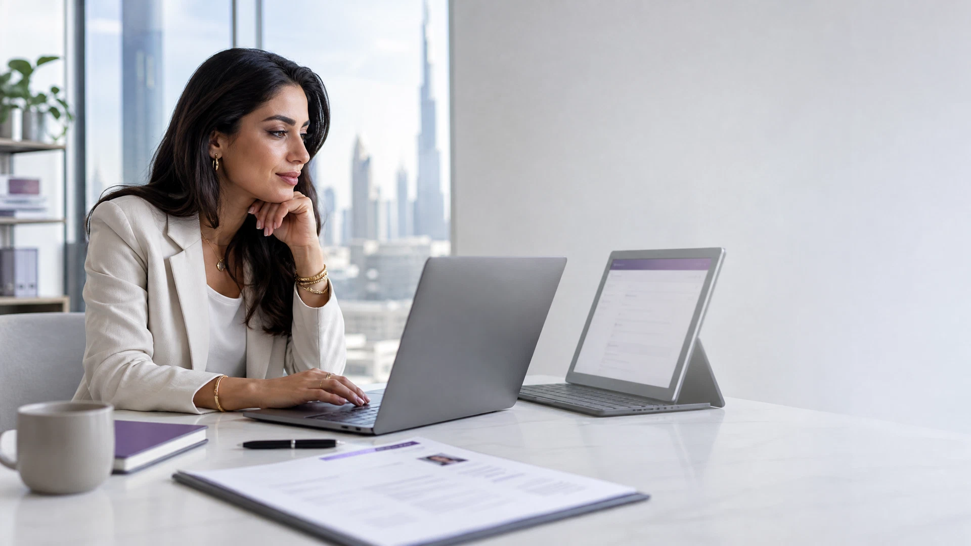 A UAE job seeker reviews a role on one device and a neutral employer application form on another, with a CV ready on the desk.