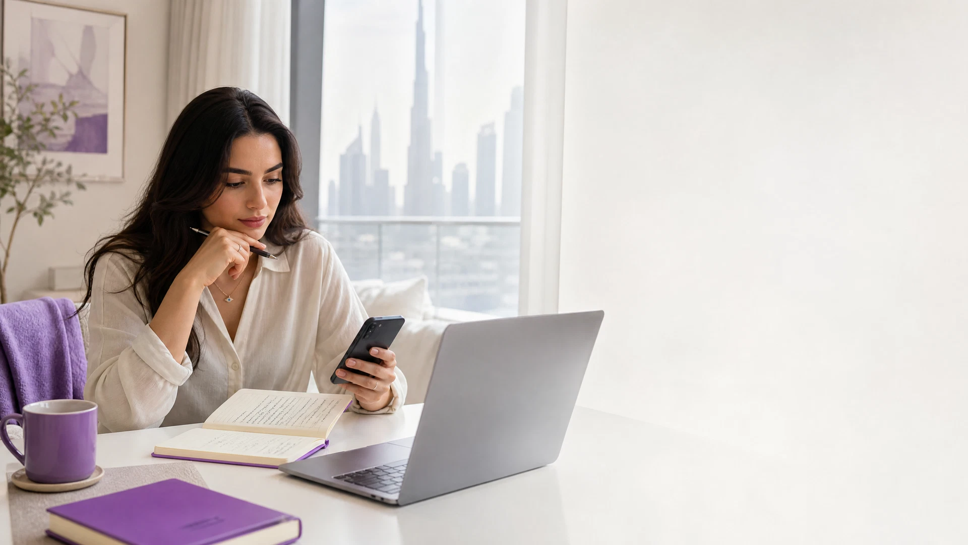 A UAE job seeker compares a phone, laptop and written search plan at a bright Dubai home workspace.